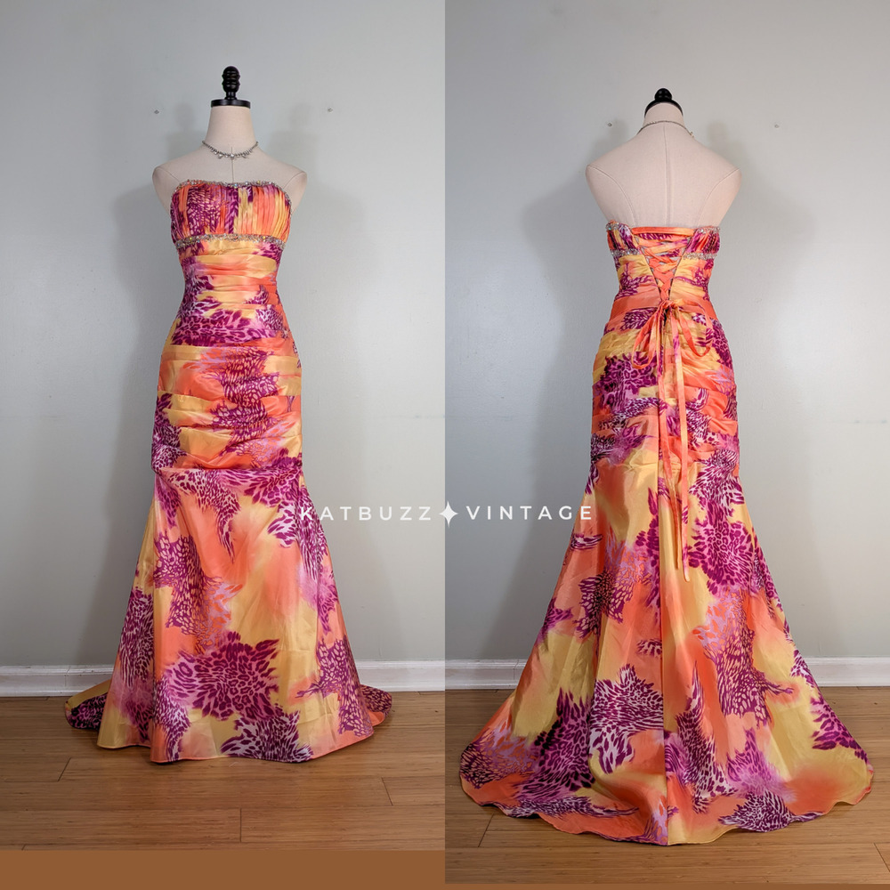 Y2K Mori Lee Prom Dress Maxi Gown 4 Orange Pink Corset Glam Strapless Multi Bead